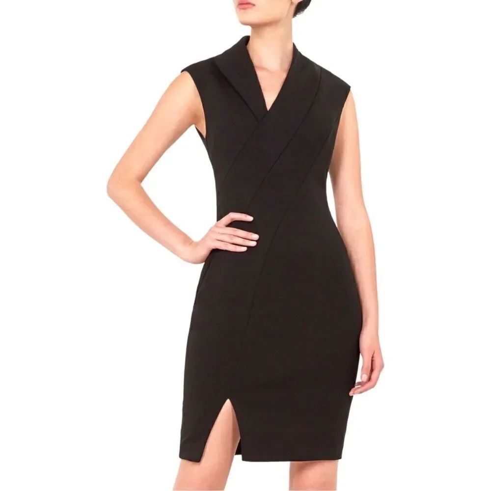 Ted Baker 14 (5) Black Geodese V Neck Front Slit Back Zip Sleeveless Shift Dress